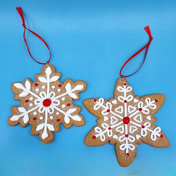 Gingerbread Snowflake Faux Frosted Cookie Ornaments Set Of 2 Fake Bake [v2 - Picture 2 of 8